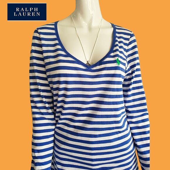 RALPH LAUREN Blue Label Striped Lime Pony V-Neck Long-Sleeve T-Shirt L - Picture 3 of 12